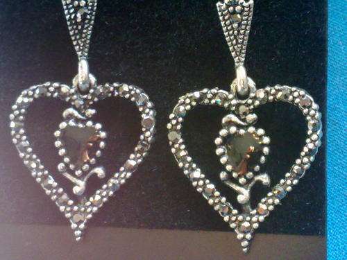STUNNING TIBETAN SILVER MARCAZITE LOOK HEART EARRINGS