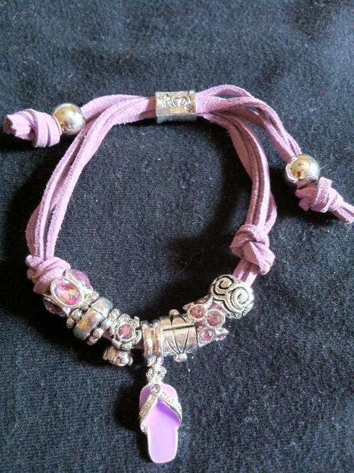 PURPLE LEATHER STRAP PARDORA BEADS BRACELET ADJUSTABLE