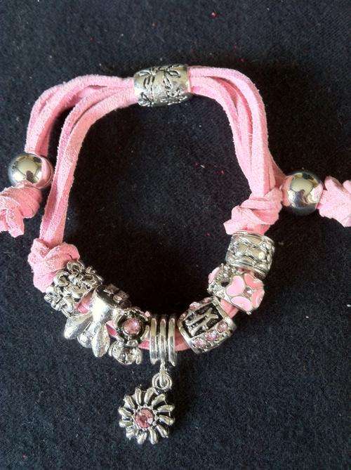 PINK LEATHER STRAP PARDORA BEADS BRACELET ADJUSTABLE