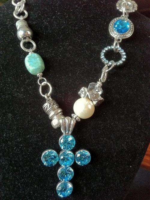 STUNNING TIBETAN SILVER BLUE CROSS PENDANT FANCY NECKLACE