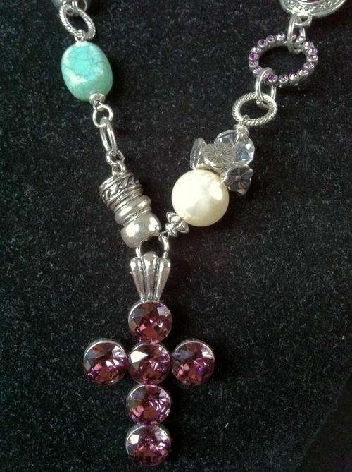STUNNING TIBETAN SILVER MAROON CROSS PENDANT FANCY NECKLACE