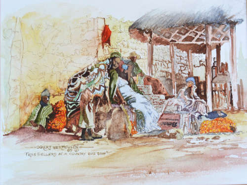 Ockert Vermeulen - watercolours - "Fruit sellers at a country bus stop" 1989.