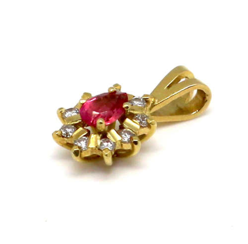 18ct Yellow gold pendant. Ruby and small round brilliant cut diamonds