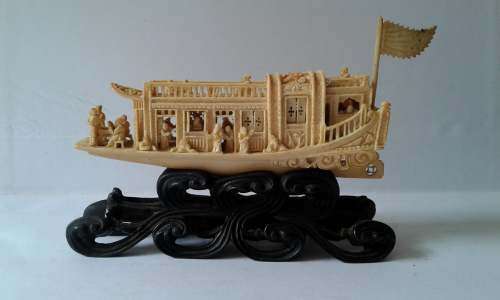 Ivory China Boat on Ebony Stand