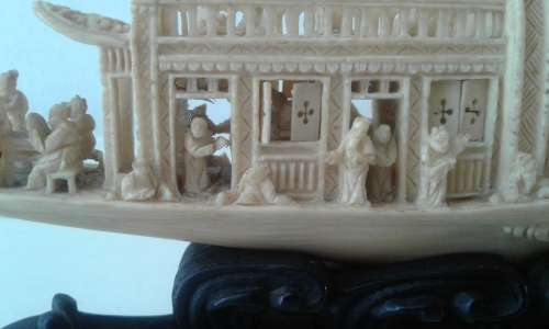 Ivory China Boat on Ebony Stand