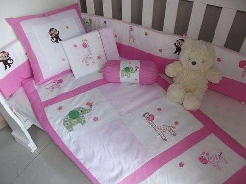 Embroidered Pink Jungle Friends 7 Piece Baby Linen Sets