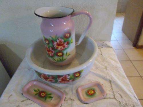 Stunning pink and red vintage enamel jug and basin bathroom set