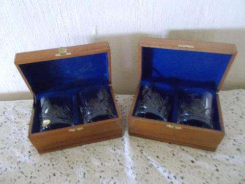 Wooden boxed two sets of two engraved with company logo crystal whisky glass