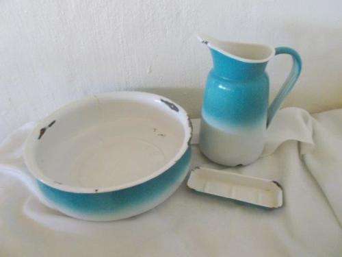 Vintage blue enamel jug and basin bathroom set