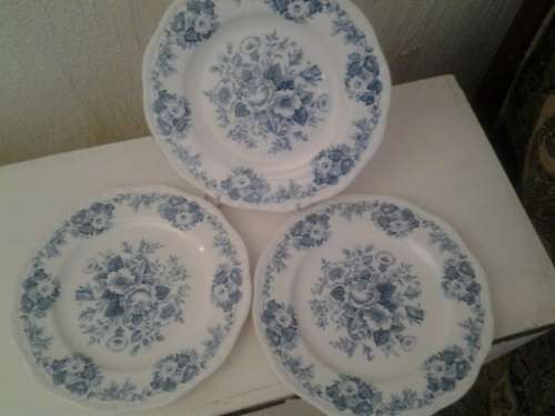 nice set of three blue and white salisbury , alfred meakin dinner plates