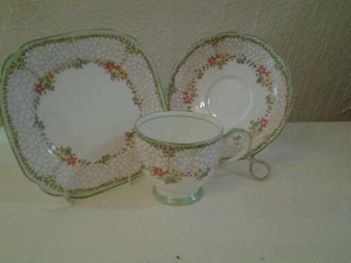 pretty vintage green bell china tea cup trio