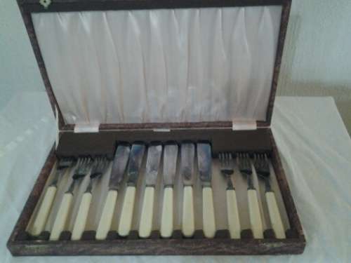 Boxed vintage bone handle fish knife and forks