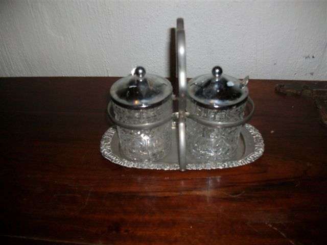 Lovely sliver plated stand with two jam glass jars and spoons