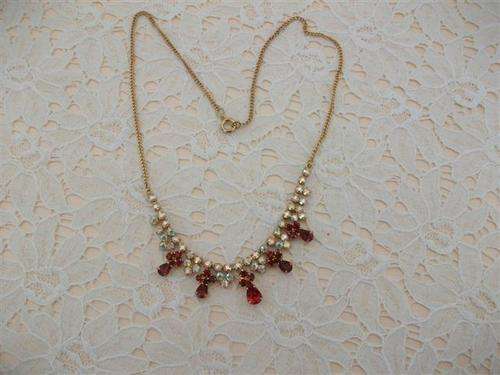 Vintage gold plated costume necklace with red glass stones and crystals