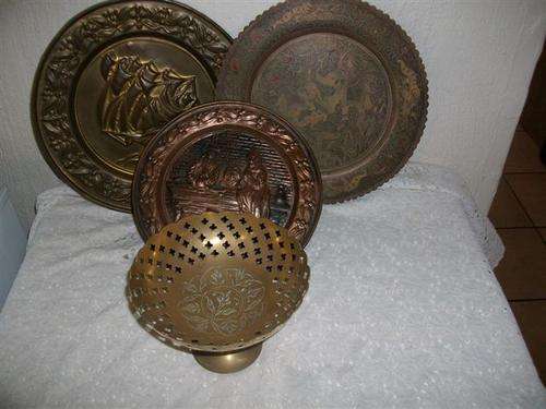 Collectors lot of brass items wall plates and vase