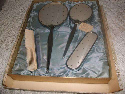 vintage boxed ladies brush and hand mirror set