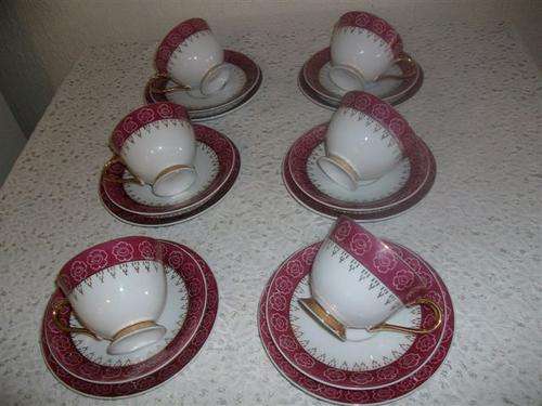 Set of of six pretty pink and gold tea cup trio's