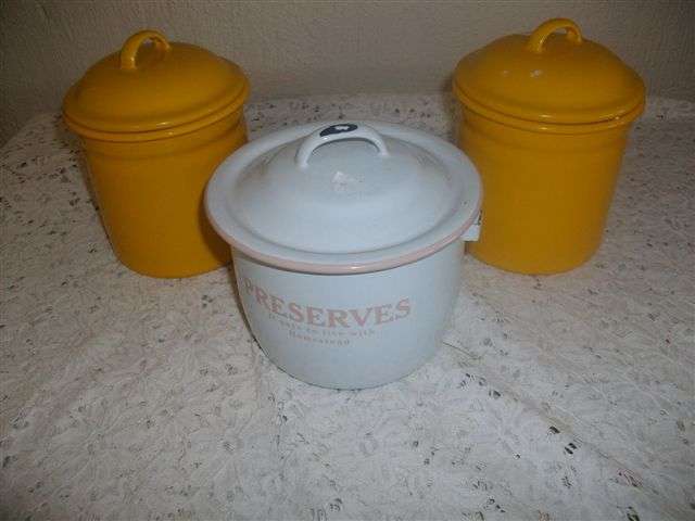 Three vintage..?? enamel containers
