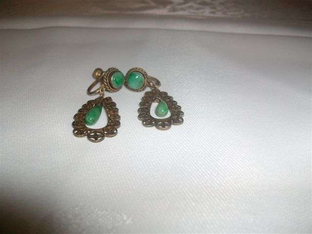 A pair of ladies vintage screw on filigree style , green stone earrings