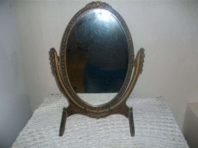 Wonderful ornate vintage mirror on stand-some damage noted