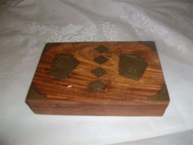 Wooden and brass card box with cards