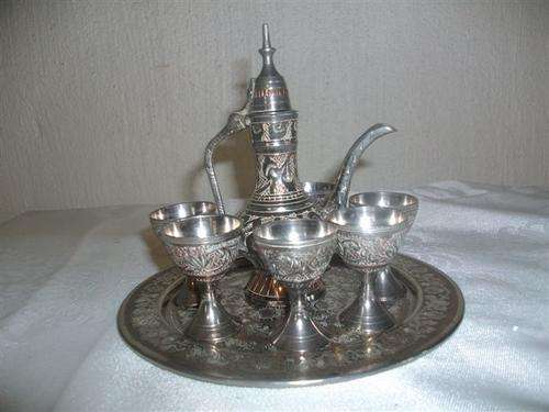 Small and lovely silver plated turkish jug and goblets on a tray