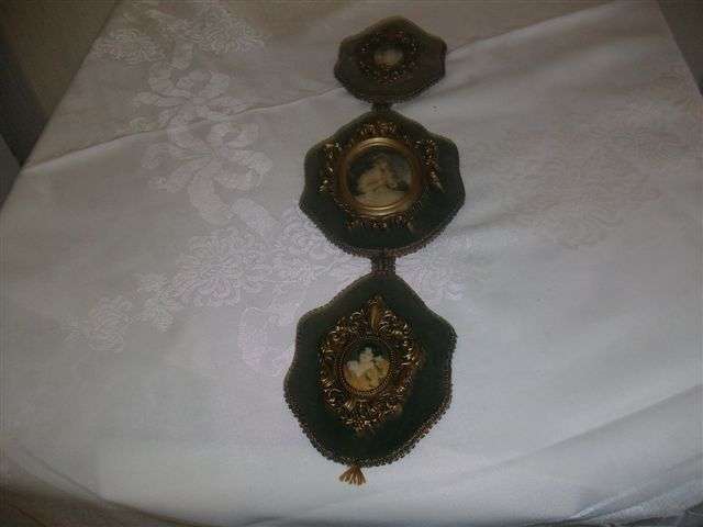 Vintage three tear velvet wall hanging with ornate framed vintage silk pictures