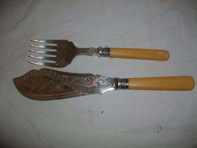 Nicely decorated vintage bone handle fish serves set