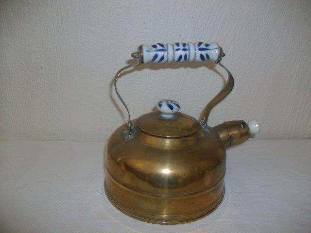 Nice vintage brass kettle with blue handle and knob