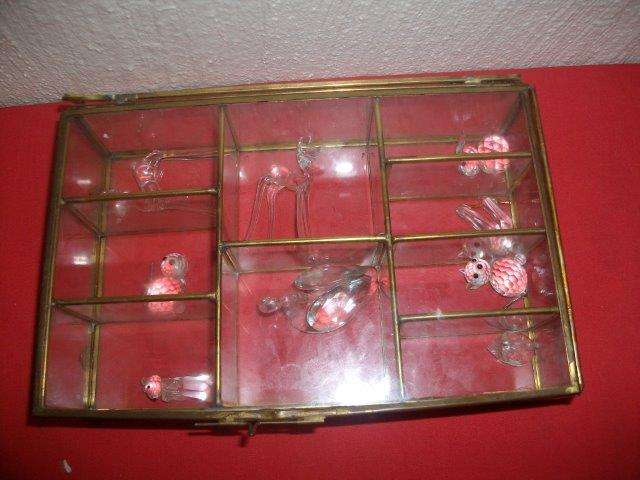 Lovely small glass display printers tray with some glass animals