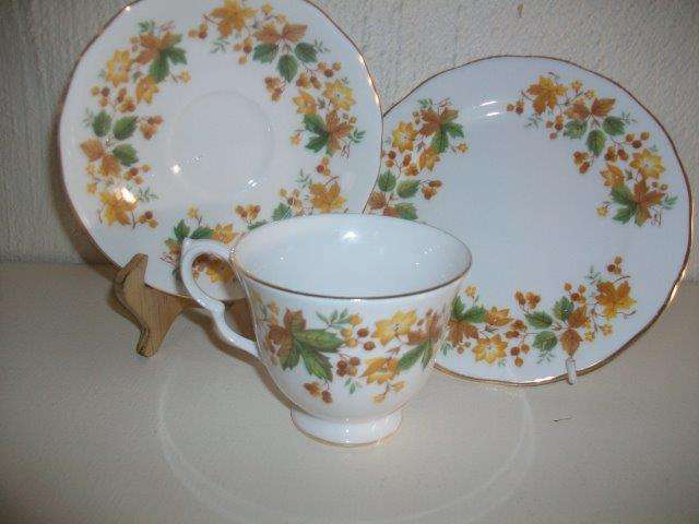 last one queen anne autumn colors leaf pattern tea cup trio