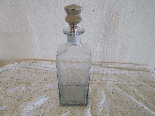 Lot 2 vintage glass crystal ? decanter with a sliver plated chrome top