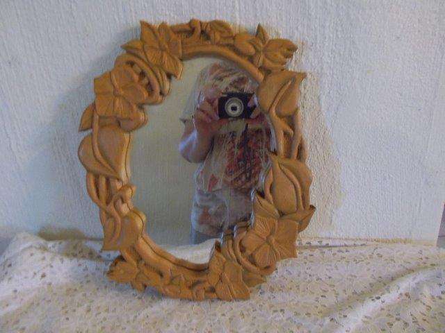 Hand craved small wooden wall mirror