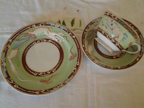 stunning vintage green daragon pattern oriental tea cup trio
