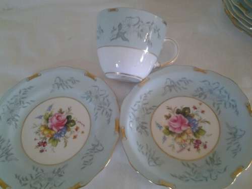 stunning soft blue pastel floarl crown stafforshie tea cup trio