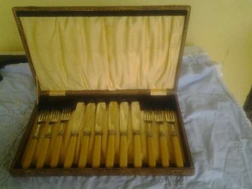 Boxed vintage fish bone handle knife and fork set