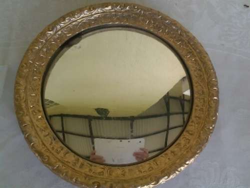 Small gold painted wooden , framed vintage convex glass wall mirror