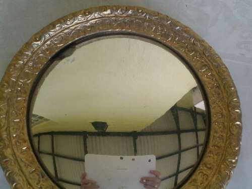 Small gold painted wooden , framed vintage convex glass wall mirror