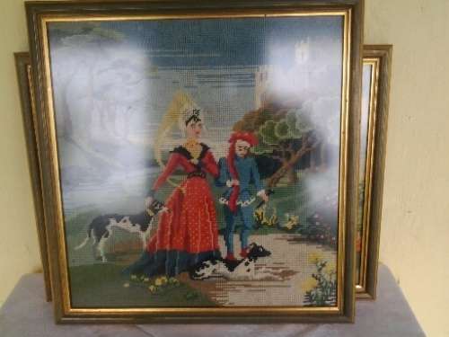vintage themed couple scene taperstry behind glass