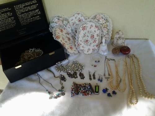 nice ladies job lot of pretty frames, trinkets ,bell and costume jewellery etc