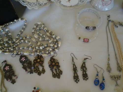 nice ladies job lot of pretty frames, trinkets ,bell and costume jewellery etc