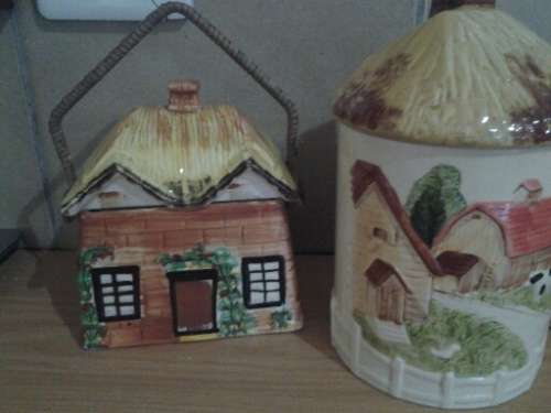 three nice vintage cottage scene biscuit barrels sold as one lot