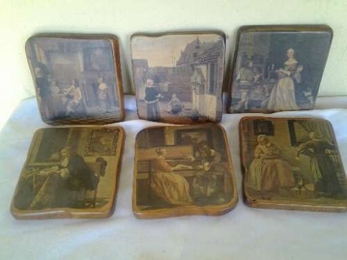 a set of six vintage wooden wall hangs with vintage scenes