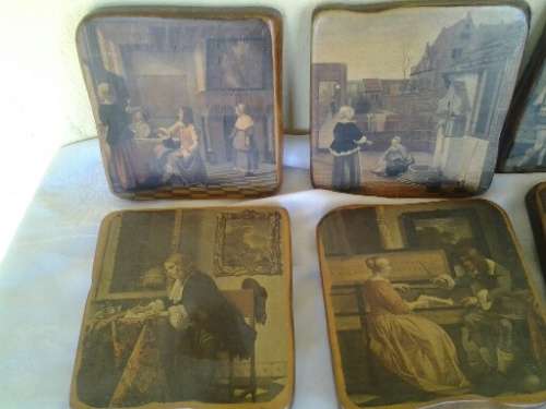 a set of six vintage wooden wall hangs with vintage scenes