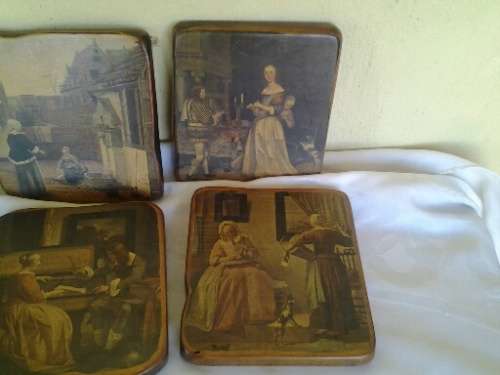 a set of six vintage wooden wall hangs with vintage scenes