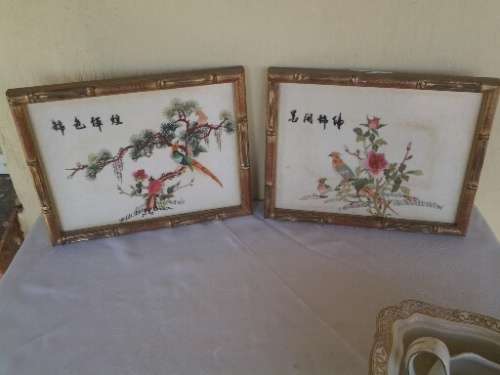 two nice framed oriental pheasant scene tapestry's