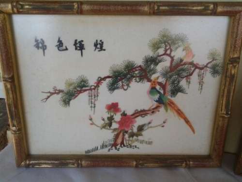 two nice framed oriental pheasant scene tapestry's