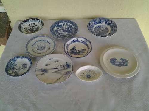 assorted lot of blue and white display small wall plates and pin trays