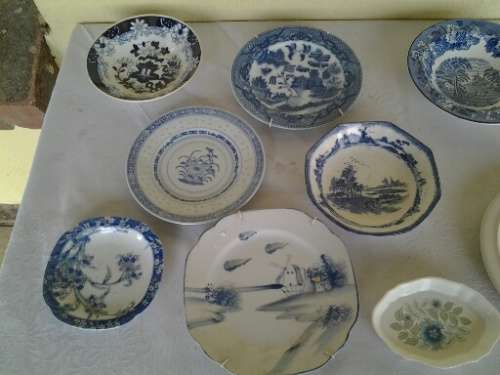 assorted lot of blue and white display small wall plates and pin trays
