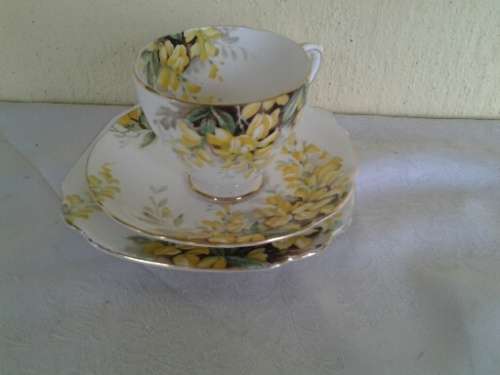 pretty vintage yellow scene royal staddorshire porcelain tea cup trio